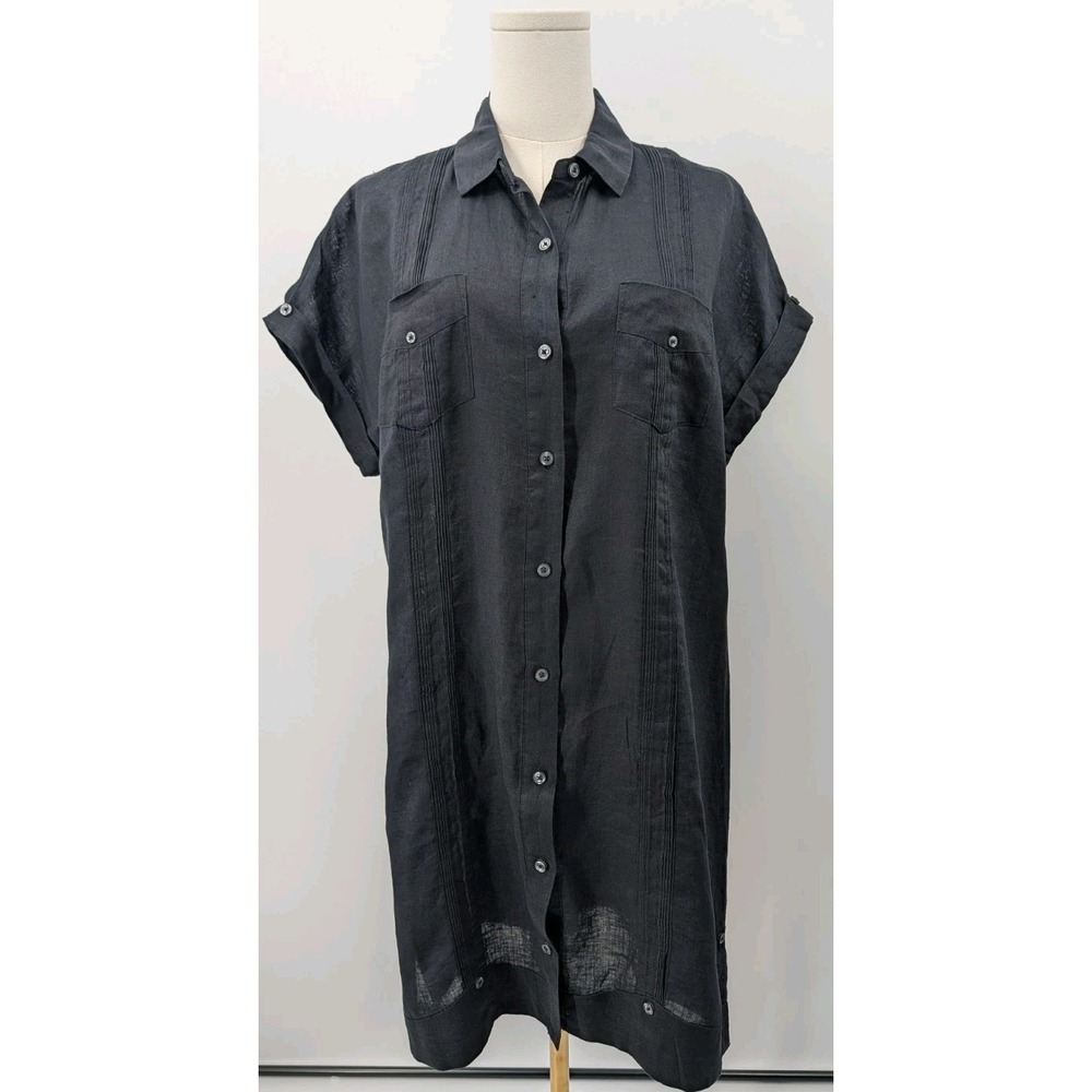 Cubavera‎ Women's Black Linen Button Up Dress Size L Utility Coastal Beachy